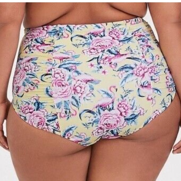 Torrid High Waist Ruched Bikini Bottom Sz 1 Yellow Flamingo Floral Retro - Picture 1 of 10